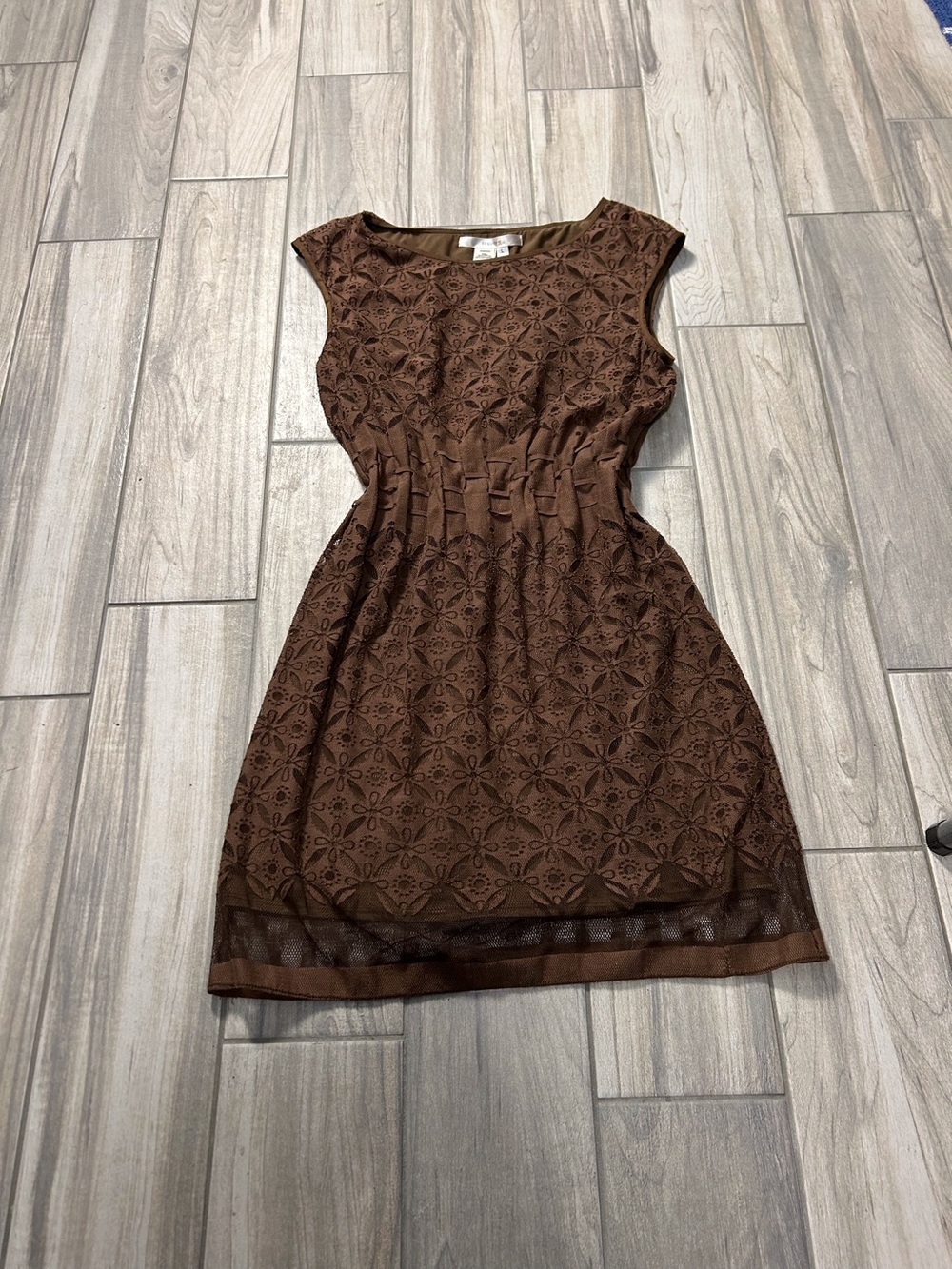 Brown Burn Out Floral Lace Mini Fit & Flare Dress Woven Waist Large Boho Earthy